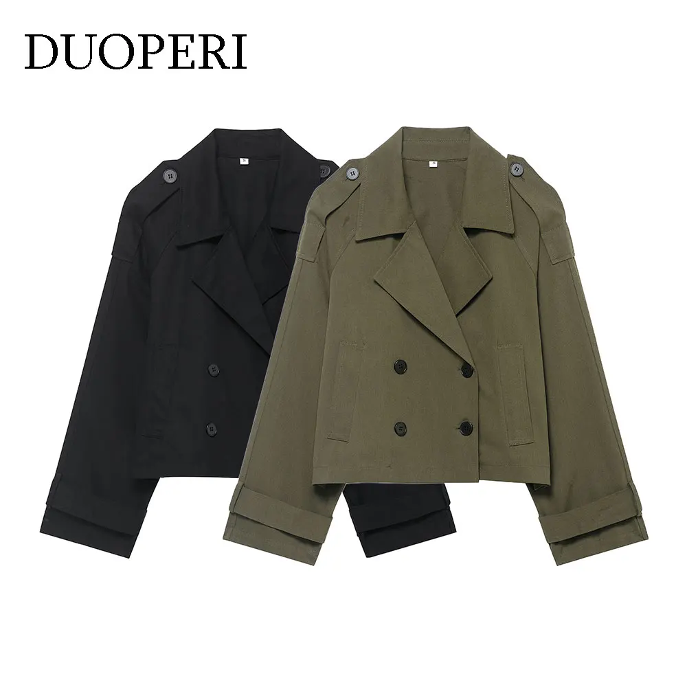 

DUOPERI Women's Fashion Solid Double Breasted Short Trench Jacket Casual Notched Neck Long Sleeve Female Chic Lady Coat Outfits