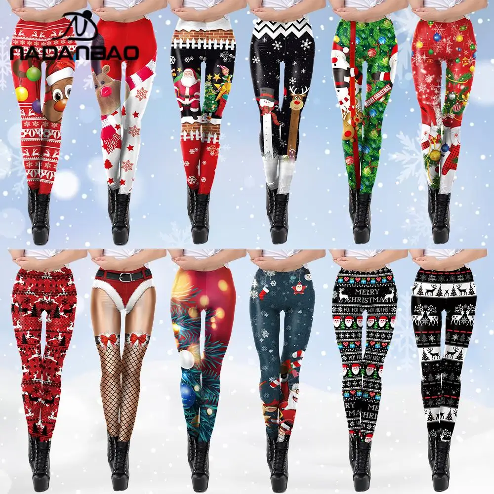 NADANBAO Merry Christmas Leggings for Woman Green White Stripe Pattern Pants Xmas Party Pants Girls Sexy Tights Fitness Workout