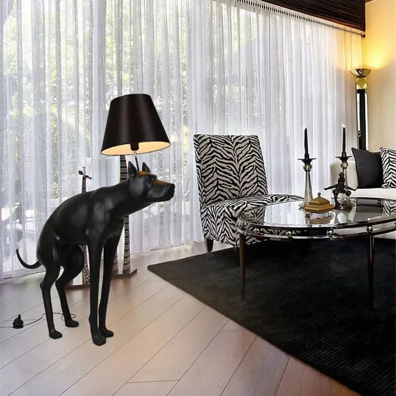 Resin Big Dog Floor Lamp with Cloth Cover Simple Art Animal Desk Light for Living Room Bedroom Study Children's Room Black