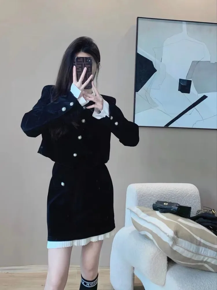 French Elegant Two Piece Velvet Skitr Set Women Autumn Winter Long Sleeve Single Breasted Short Coat + A-line Mini Skirt Outfit