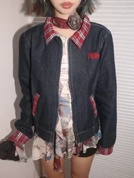 ADAgirl Denim niebieskie dżinsy kurtki dla kobiet Plaid kołnierz wywijany długi płaszcz z rękawami Retro haft jesienne zimowe ubrania vintage