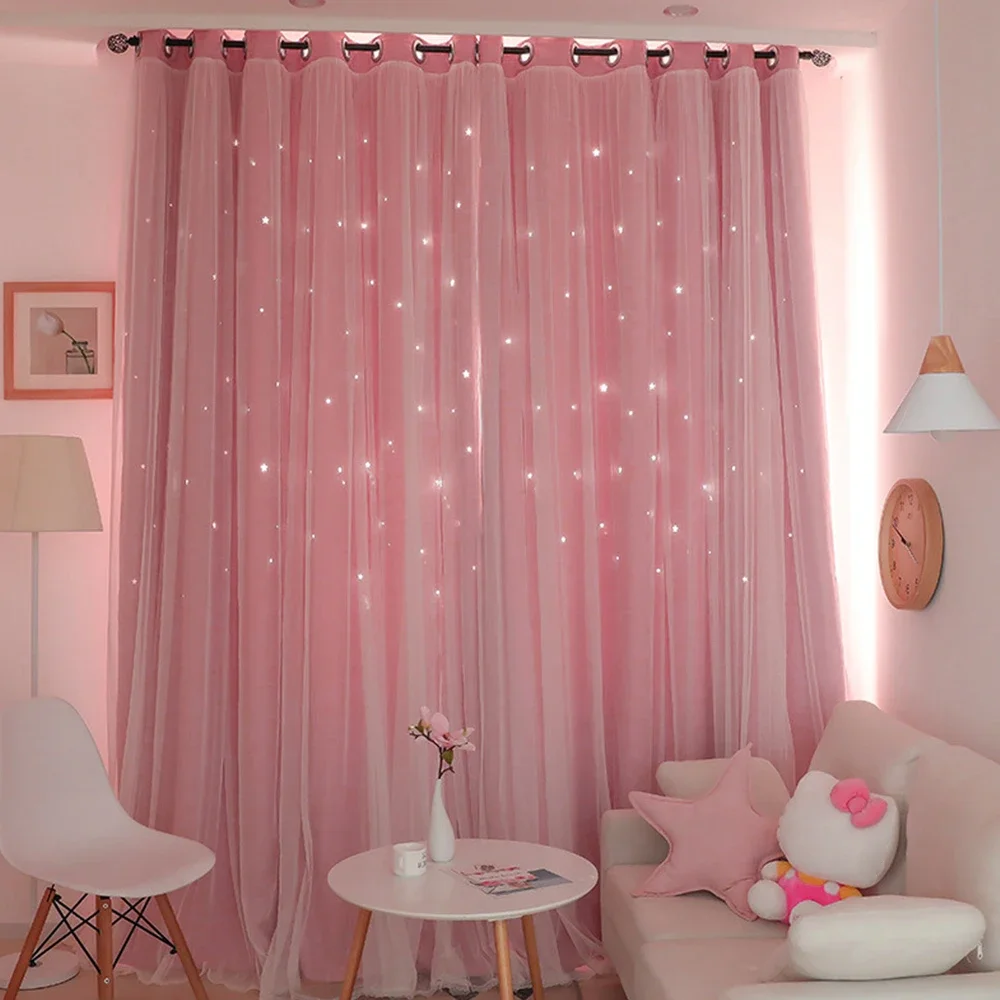 New Nordic Ins Blackout Star Curtains Romantic Color Curtain Girl Kid Bedroom Blackout Window Drapes Hollow Star Home Decor New