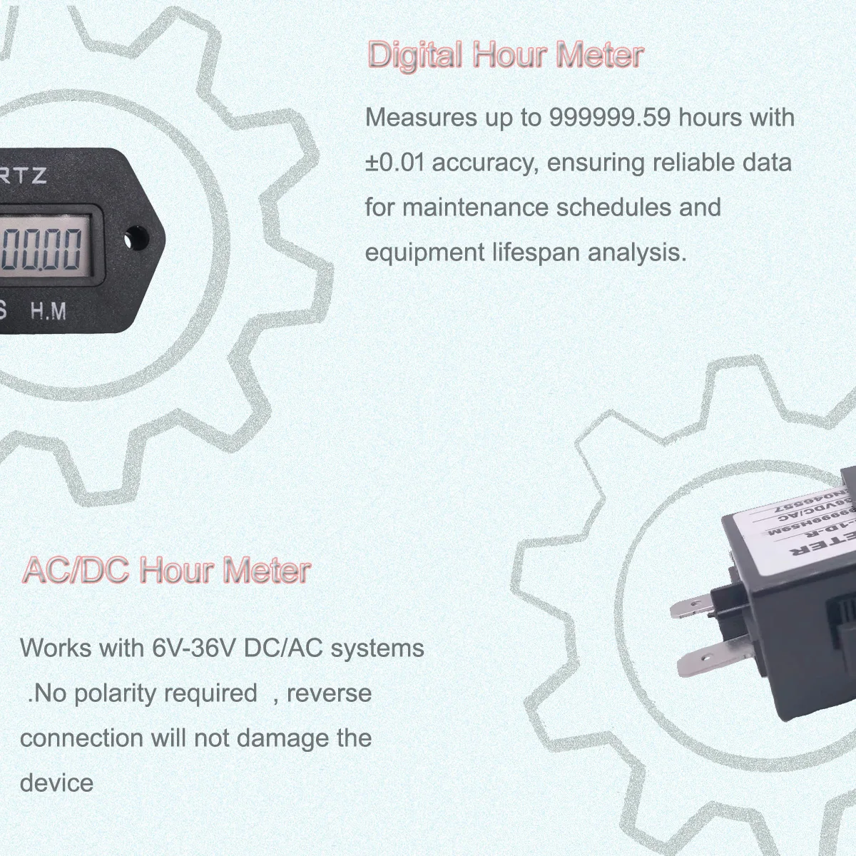 Digital Hour Meter,LCD Accumulate Timer,6-36V DC/AC  Hour Meter Resettable Counter 999999.59H Snap in ,for Vehicle  Boat Truck