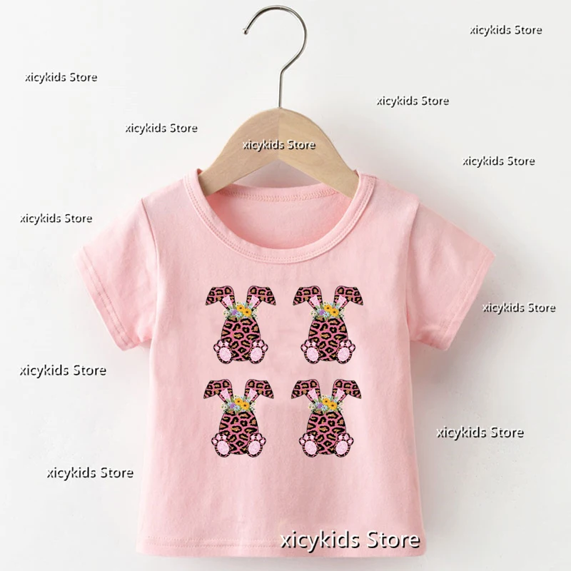 귀여운 소녀 티셔츠 재미 있는 부활절 토끼 만화 인쇄 소녀를위한 어린이 의류 Kawaii Kids Pink Tshirt Tops 2yrs To 12yrs