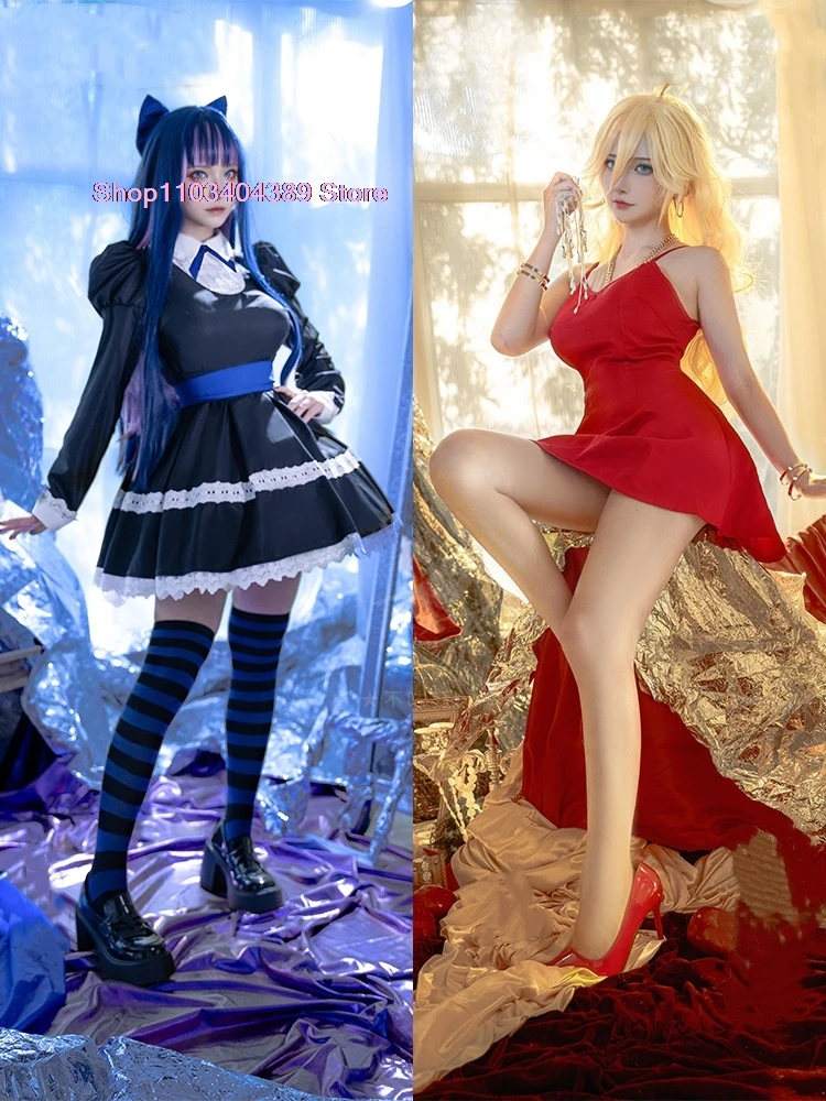 Panty & Stocking With Garterbelt Stocking Anarchy Cosplay Costume Black Dress Uniform Long Wig Bow Tie Hairpin Striped Stockings