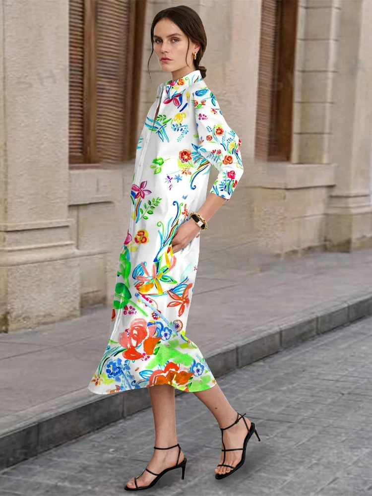

Hawaiian Print Women's Clothing Spring/summer Urban Street Casual Button-Down Shirt Dress Daily Fashion Long-Sleeved Lapel Dress