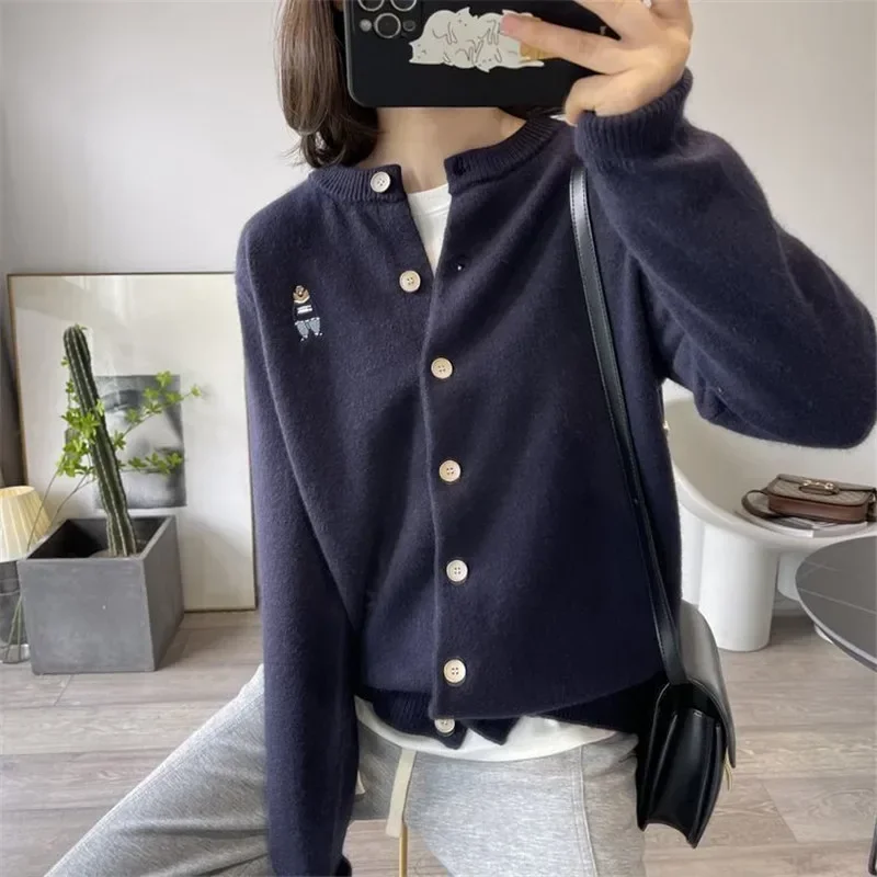 Spring 2024 Women's Golf Wear Tennis Sweater Jacket Embroidered Teddy Bear Knitted Cardigan Round Neck Long Sleeved Top Clothing