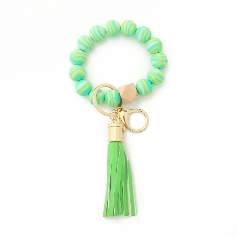 Cartoon Creative Colorful Silicone Beaded Keychain PU leather Tassel Keyring Women Men Bracelet Keychain Jewelry Gifts