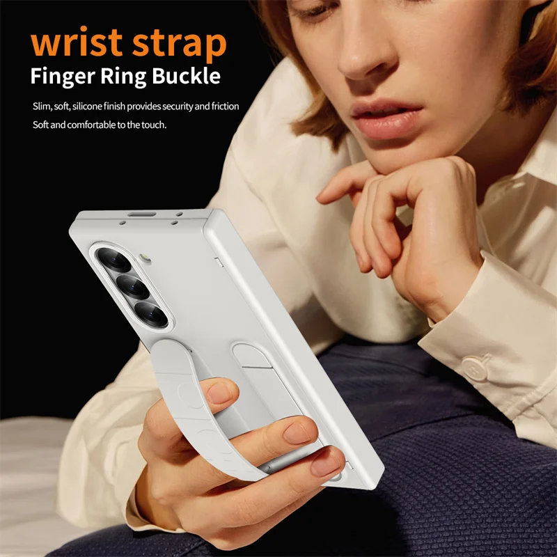 Wristband Holder Hinge Phone Case For Samsung Galaxy Z Fold 6 5 4 3 With Pen Slot & S Pen Screen Protector Film Protective Cover
