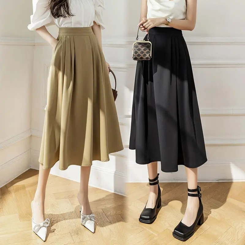 Streetwear Temperament Pleated Office Lady Knee-length Solid Pockets Spring Summer Thin Casual High Waist Loose Women's Clothing