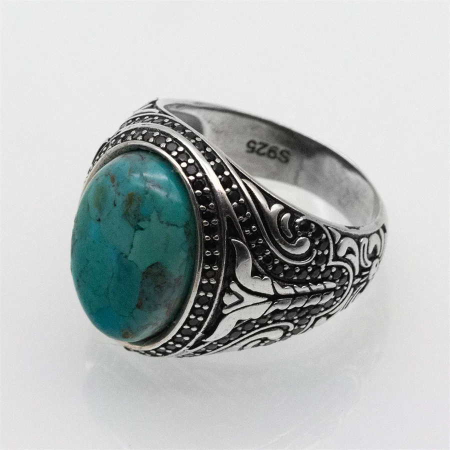 Natural Turquoise Stone Ring Men Pure Sterling Silver 925 Gemstone Ring Men Turkish Handmade Jewelry