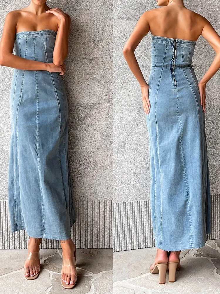 Imagem -06 - Trauxy-vestido Jeans Bodycon com Fenda Lateral para Mulheres Vestidos Maxi sem Mangas Streetwear Sexy de Rua Outono Novo 2023