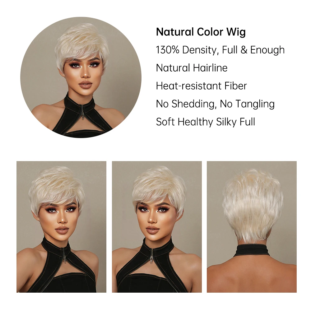 White Platinum Blend Human Hair Wigs for Women Short Pixie Cut Wig With Bangs Daily Natural Bob Human Hair Mixed Synthetic Fiber