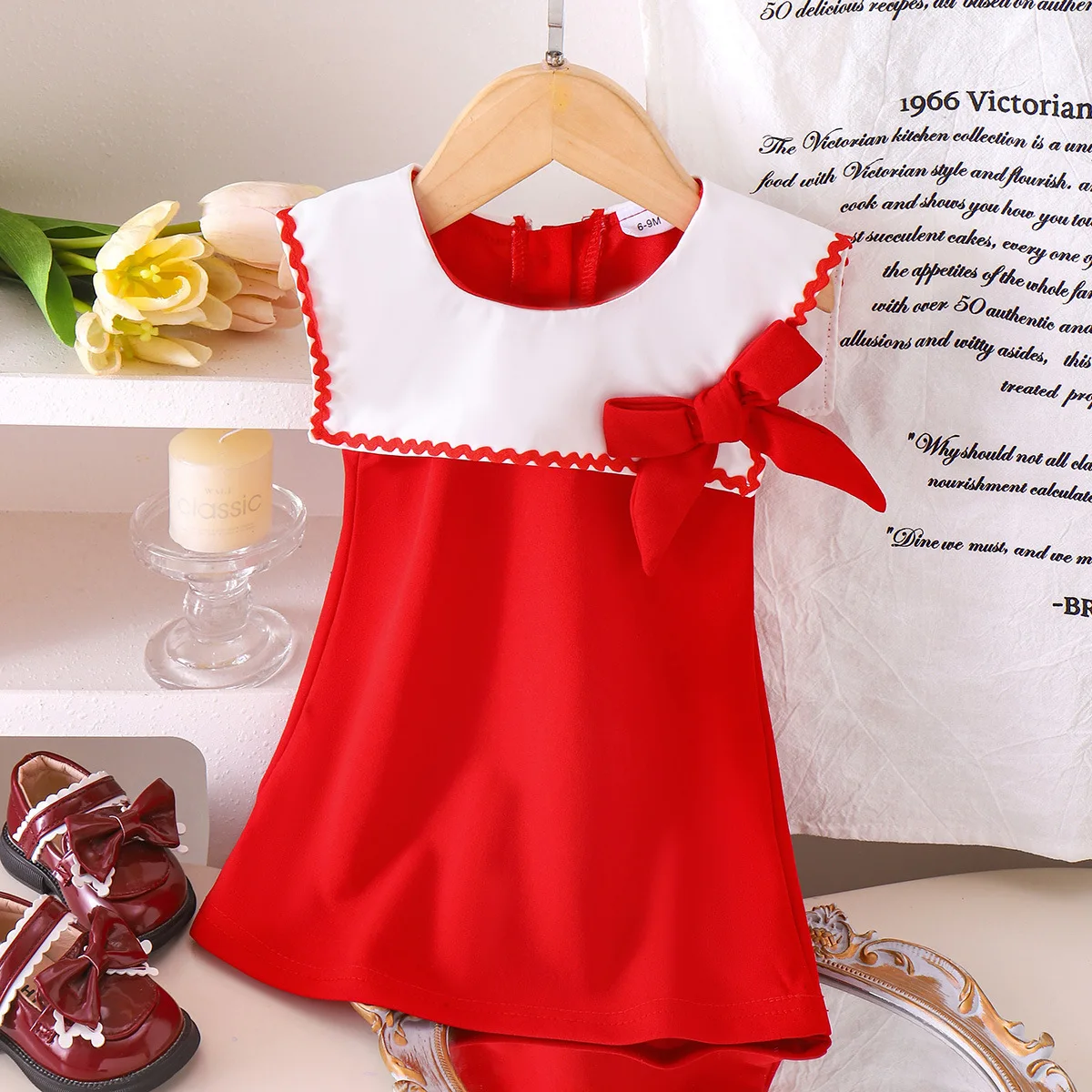 New Summer Kids Girls Red Dress, French Chic White Contrast Collar Elegant Princess Party Dress For Toddlers for 6M-3Y