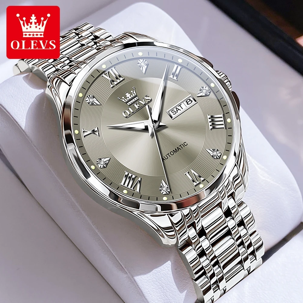 

OLEVS Luxury Man Watch Stainless Steel Waterproof Dual Calendar Luminous Business Automatic Mechanical Wrist Watch for Men 6702