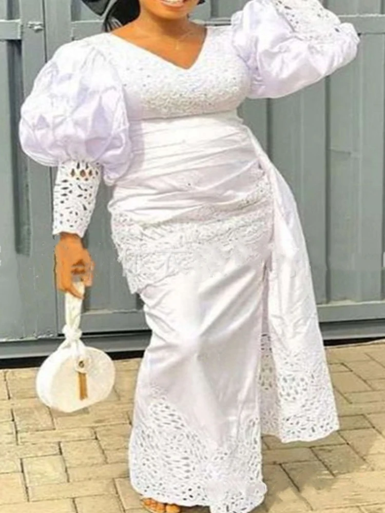 Elegantes weißes Kleid Frauen Laterne Ärmel Sexy aushöhlen Sommerkleid Abend romantische Vintage Kleider Großhandel Dropshipping