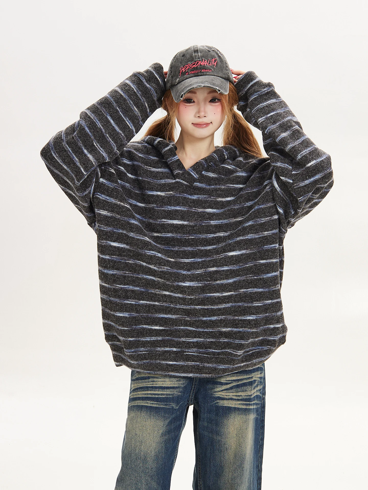 American Style Striped Hoodie Women Loose BF Lazy Match Hat Shirt Overcoat Autumn Seasonal Long Sleeve round Neck Pullover Coat