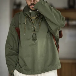 Maden Retro Green Deck Jacket Hooded Sweatshirt wtih Drawstring Collar Cuffs Adjustable Design Windbreaker Pullover for Men