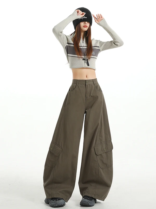 กางเกงขายาวทรงหลวมเอวสูงสไตล์อเมริกันสำหรับผู้หญิง ฤดูใบไม้ผลิ ฤดูใบไม้ร่วง รุ่นใหม่ ทรงหลวม ใส่สบาย สไตล์ลำลอง ทหาร  ใช้งานได้หลากหลาย