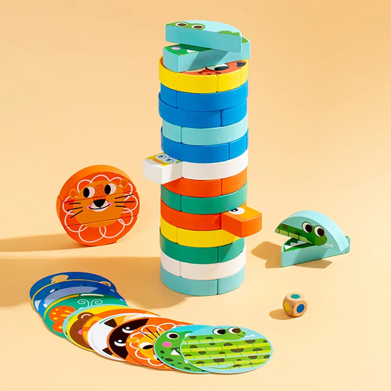 Wooden Stack High Blocks Puzzles Cartoon Animal Colorful Stacking Tower Balance Brain Game Parent Child Interaction Toys Gifts