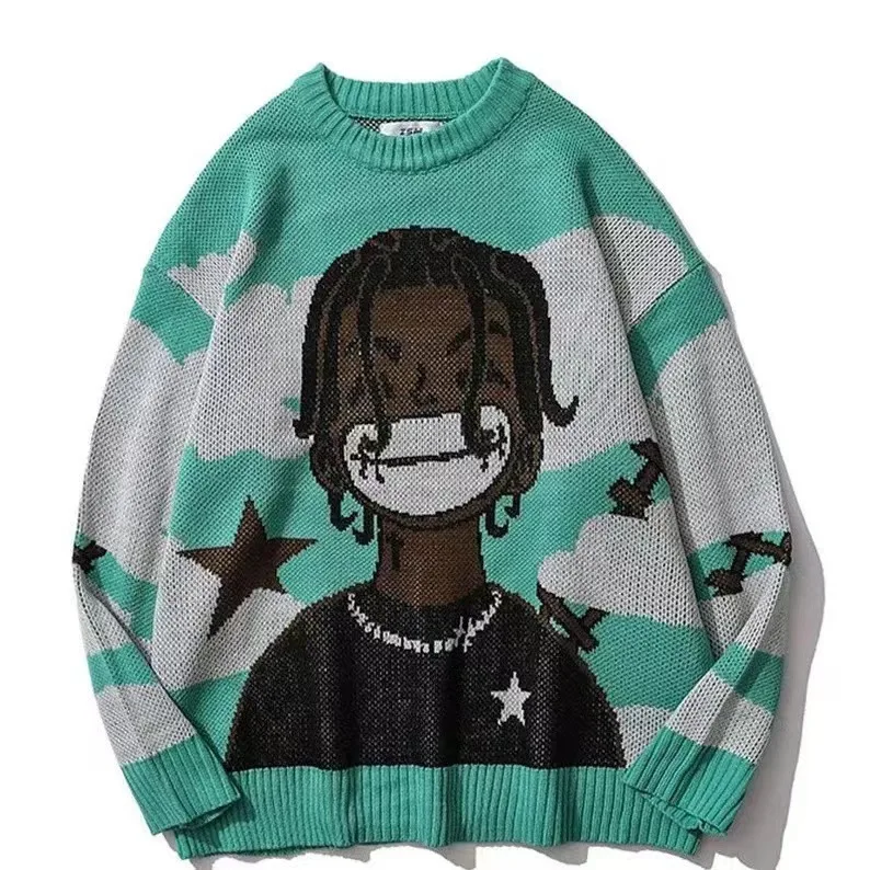 Harajuku Women Sweater Knitted Cartoon Printed Tops 2024 Autumn Winter High Street Activewear Oversize Pullovers Hip Hop Jumper