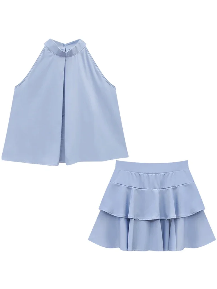 Kimotimo Summer Fashion Satin Two Piece Sets Women Sexy Halter Crop Tops Ruffled Cake Mini Skirts Elegant Birthday Party Suits