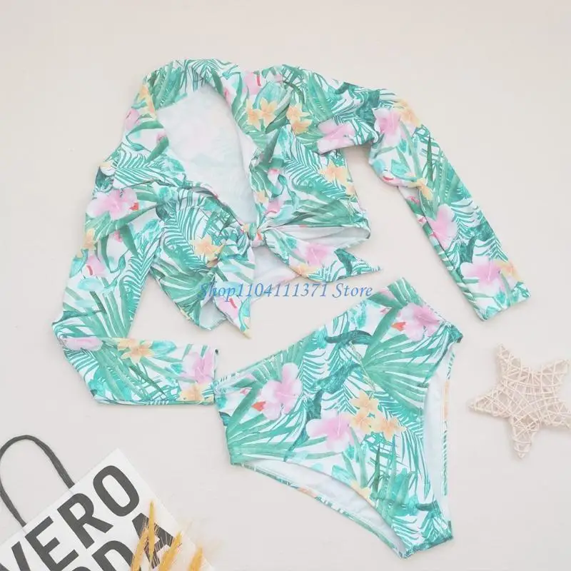 P9FC Women Summer Floral Leaves Print 2pcs Set Long Sleeve Tie Knot Front Swimsuit High Waist Bathing Suit