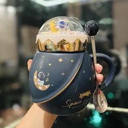 Astronauta Série Caneca Cerâmica com Tampa SpoonCute Business Gift Box, Copo De Chá De Café Criativo, Presentes De Meninas De Aniversário De Feriado