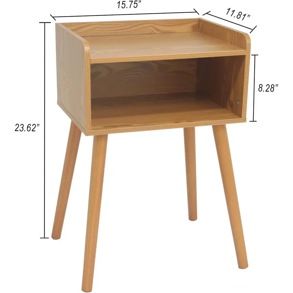 Пара современных прикроватных тумбочек середины века с местом для хранения вещей, ножками из цельного дерева, подходящим для спальни, гостиной и небольших помещений.