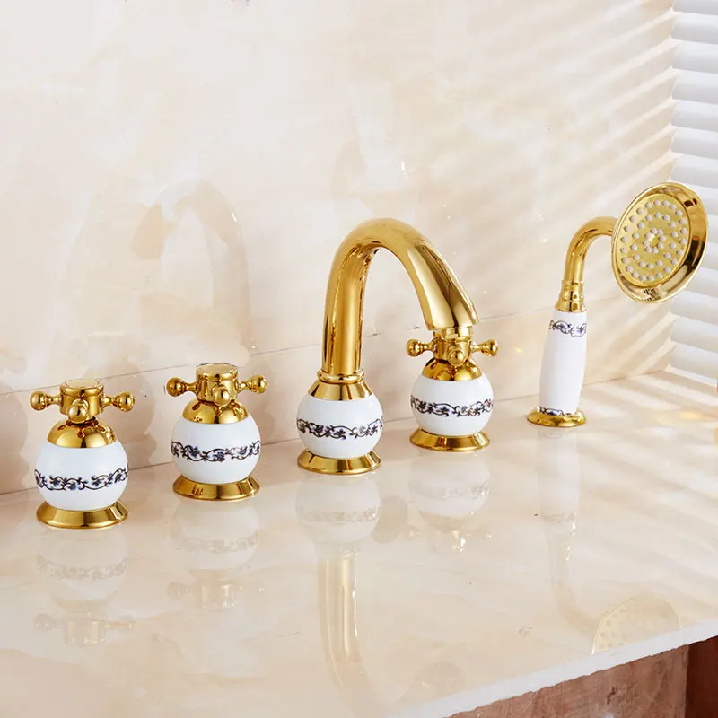 Vidric Antique brass golden 5piece Bathtub fauce bathroom faucet  for hot and cold Sink faucet Double handle 5 hole 5pcs/set