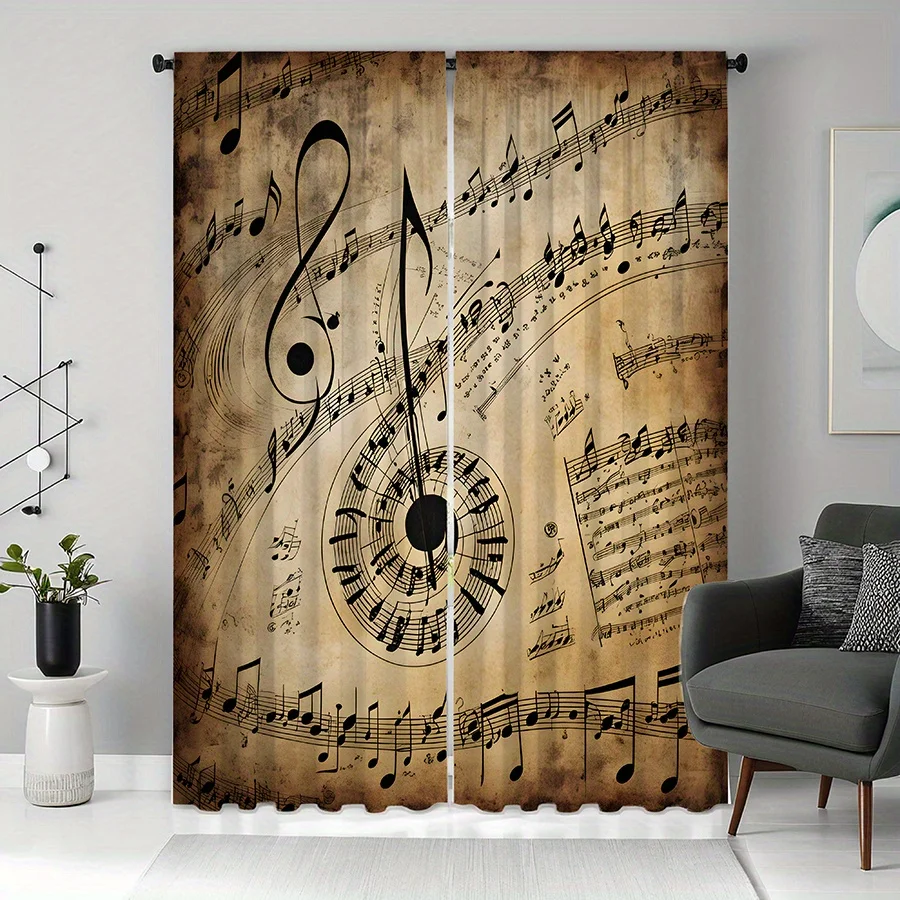 Music Notes Curtains Vintage Art Window Drapes Classical Design Home Decor Piano Theme Living Room