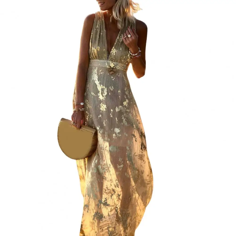 Maxi Dress Soft Summer Elegant Bronzing Printing Beach Party Maxi Dress Flowy Hem Quick Drying Beach Dress Streetwear