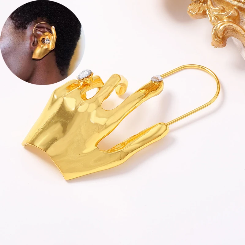 Gold Color Metal Palm Large Ear Hooks Exaggerated Abstract Statement Earrings Niche Unique Women Jewelry Gift