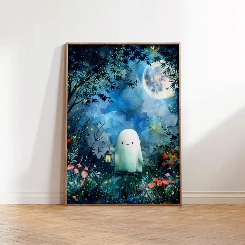 

Постер-принт «Призрак и черная кошка в лесу с полевыми цветами», картина на холсте с тыквой, жуткое искусство на Хэллоуин, декор для комнаты в стиле Dark Academia, украшение для дома