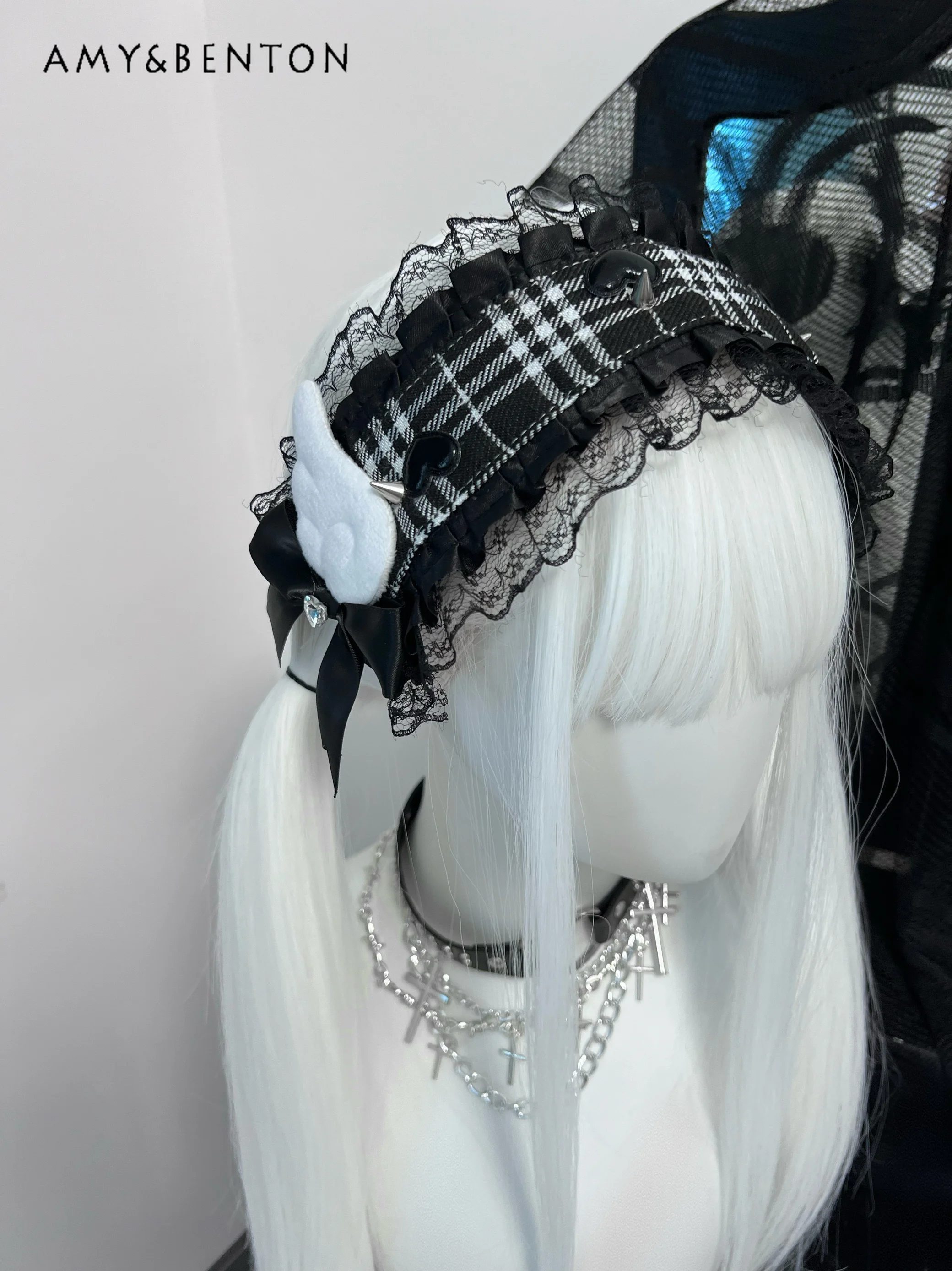 Daily Lolita Gothic Hair Accessories Harajuku Street Plaid Stitching Rivet Head Band Subculture Y2K Lace Headbands for Women