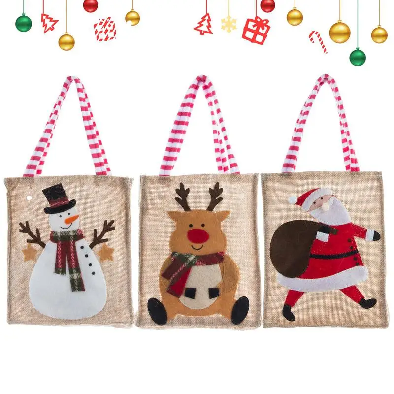 

3pcs Christmas Tote Bags With Handle Snacks Candies Burlap Bags Santa Claus Storage Bags Xmas Kids Gift Packaging Pouches