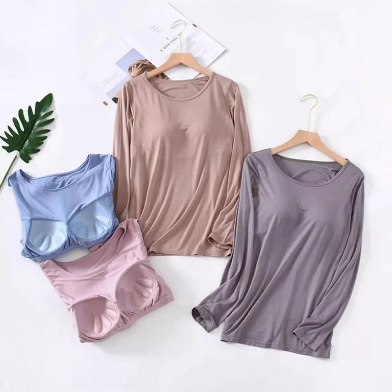 

Женская футболка с бюстгальтером и длинным рукавом, пижама для йоги, мягкий повседневный топ, футболка со встроенным бюстгальтером, модная рабочая рубашка с длинным рукавом
