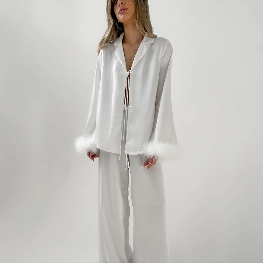 

Fashion Elegant Satin White Pants Sets Pajamas With Feather Cuffs Blouses Wide Legs Pants Sleepwear Female 2025 Autumn Suit