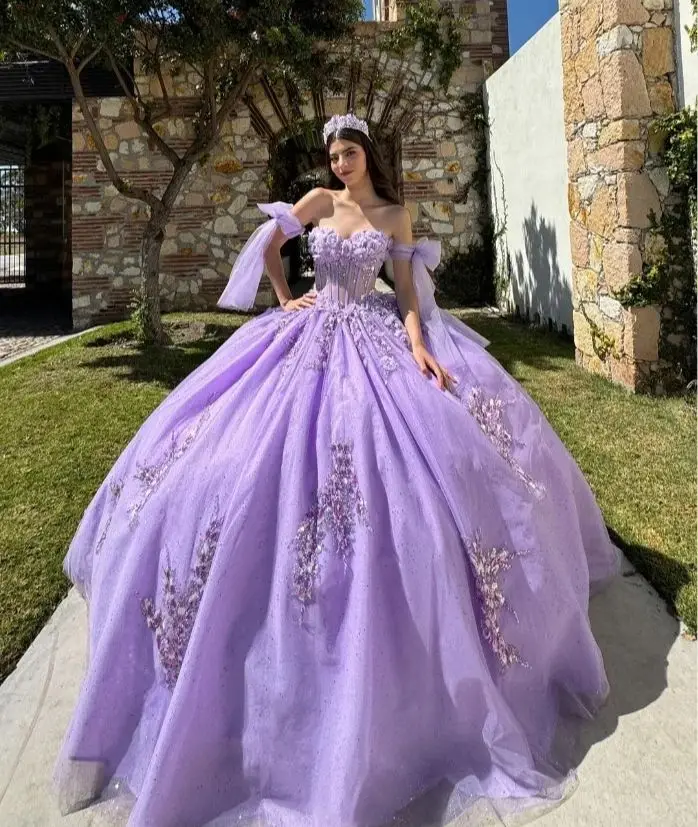 Lavender Mauve princesa Quinceanera Vestido, querida bainha, 3D espartilho frisado floral desossos, guarnição do laço, baile, 15