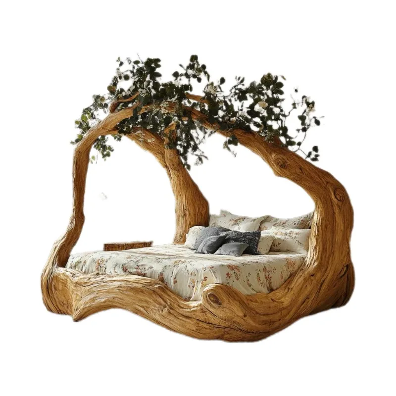Wabi Sansan wind solid wood bed, log wind B & B hotel bed, full tenon and mortise large board bed