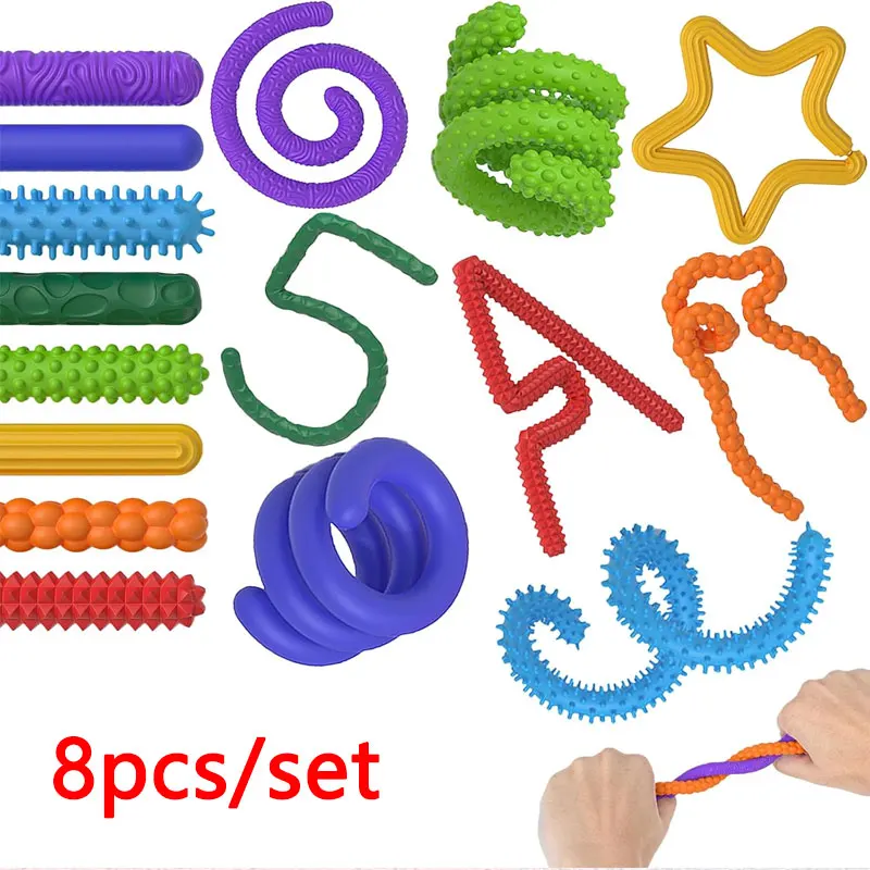8 Uds. Palos sensoriales giratorios de silicona, juego de juguetes antiestrés, juguetes vibrantes para aliviar la ansiedad, enfoque, TDAH y autismo