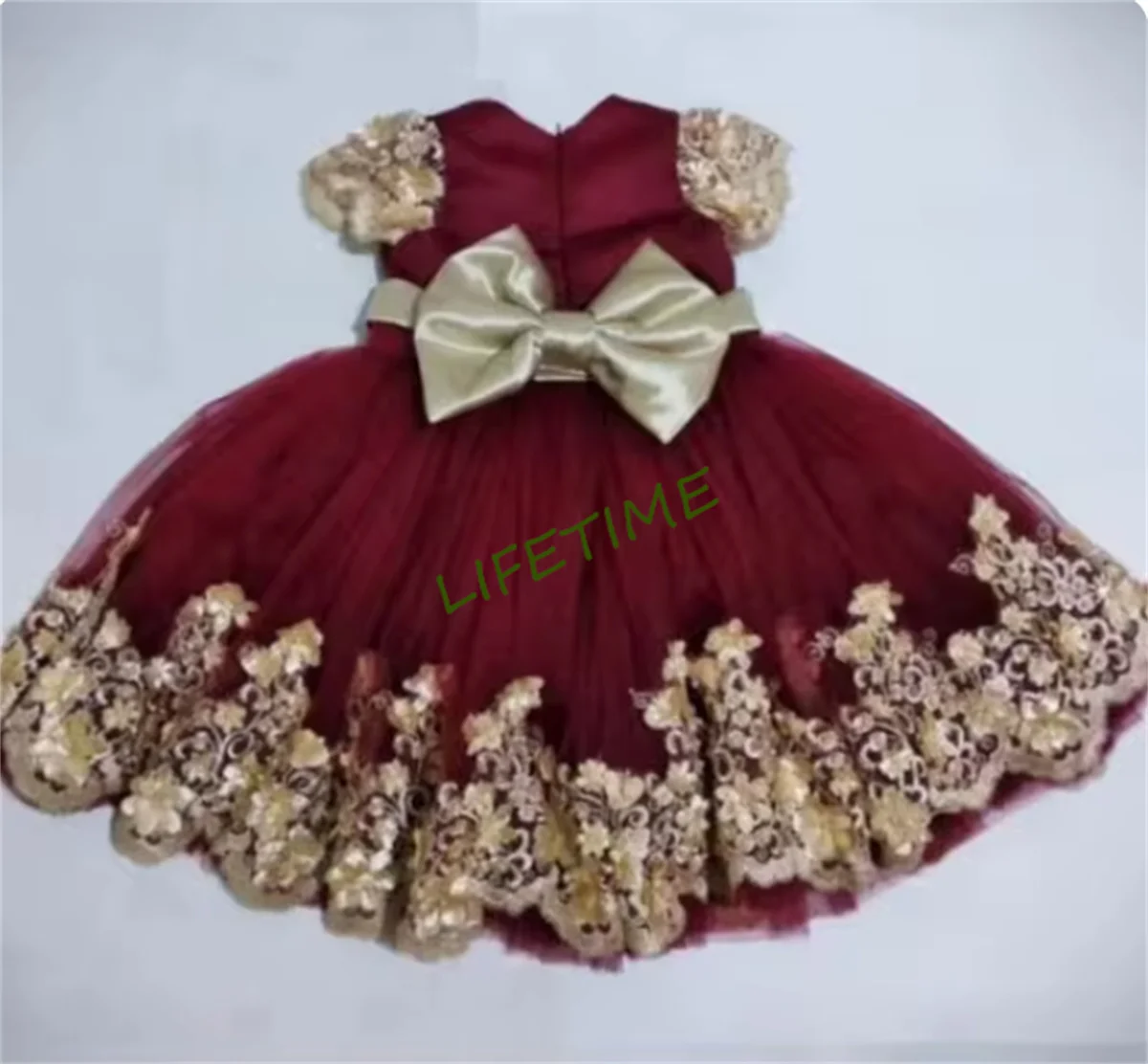 Vestidos de tul burdeos de encaje dorado para niñas, vestido de baile, ropa para niñas, vestidos de desfile, vestido de graduación para niños, vestido de cumpleaños con lazo