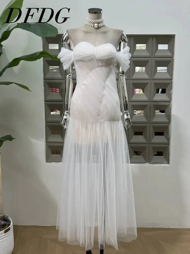 DFDG فستان سهرة نسائي أنيق مطوي من التل بدون حمالات فستان حفلات الزفاف رقبة فاخرة زفاف رسمي لربيع وصيف 2025