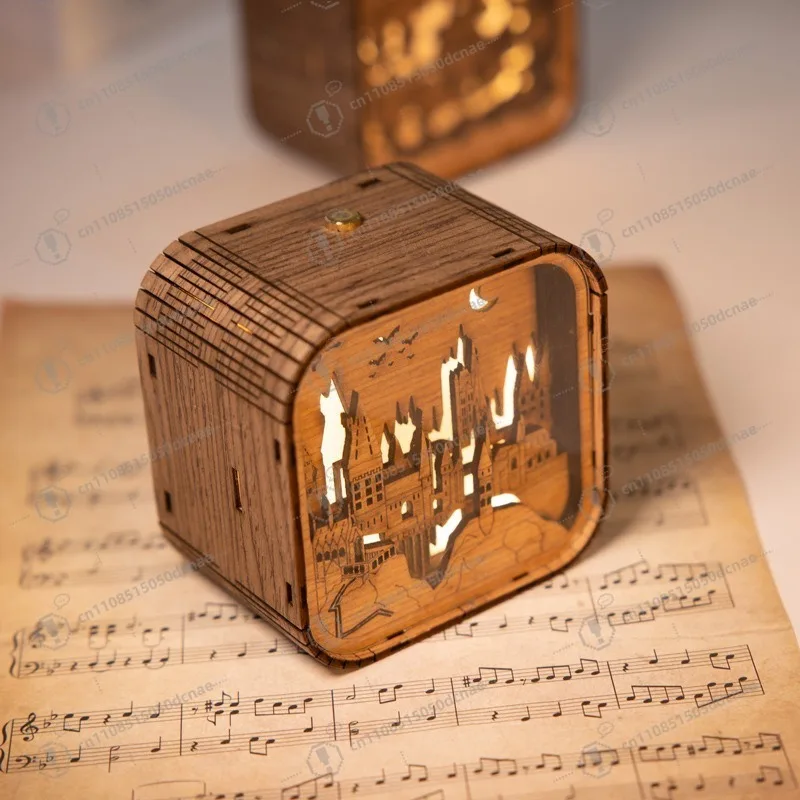 3D Wooden Paper Art Music Box Night Light for Castle House Decor, Portable Touch Control Gift