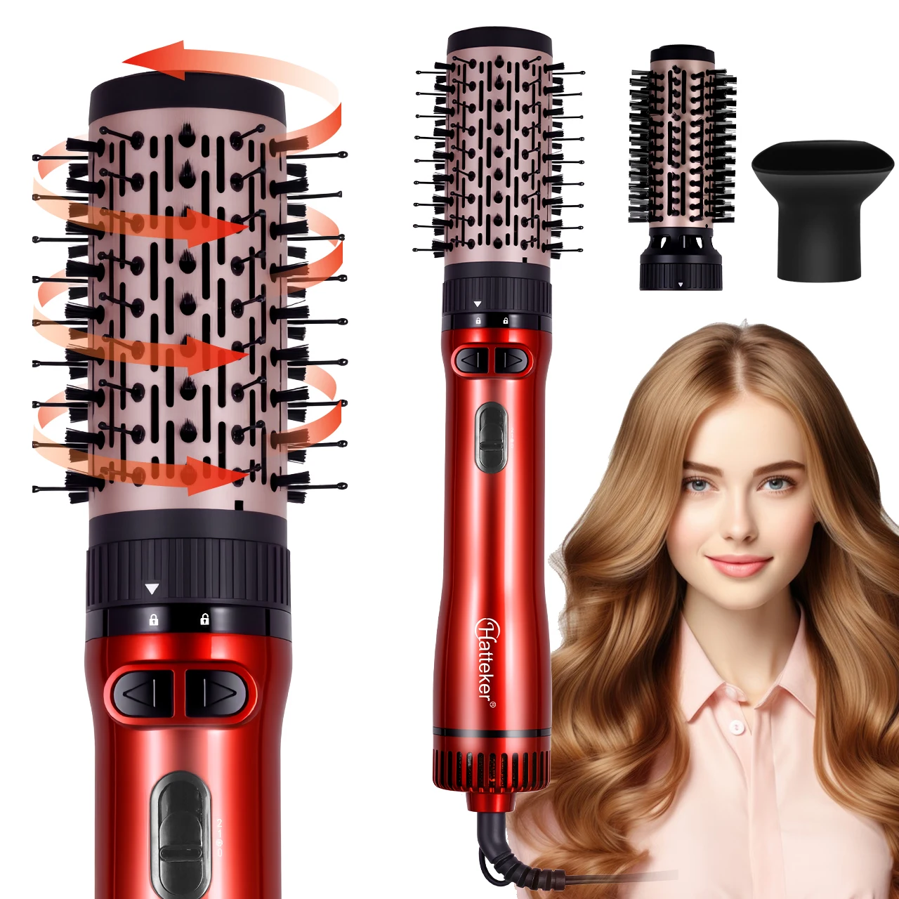Hatteker EU 3-Head Hot Air Brush Hair Dryer Strong Wind Electric Straightener Curler Roller Comb Blower Styling Tool for Women