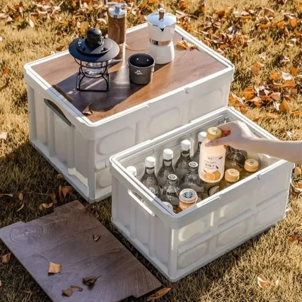 صندوق تخييم خارجي بغطاء خشبي ، صناديق قابلة للطي ، صندوق تخزين منزلي قابل للتكديس ، معدات تخييم ، منظمات تخزين أدوات طاولة
