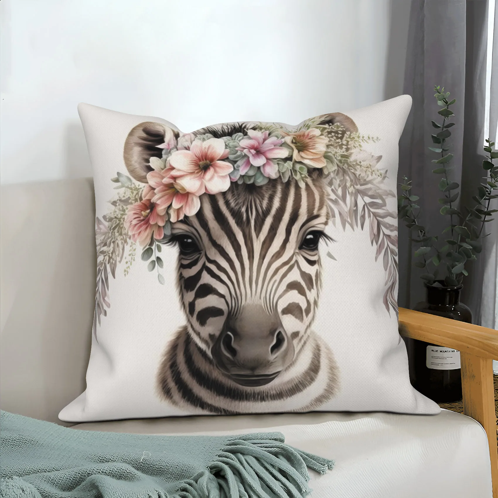 Zebra Animal Pillow Cover Flower Zebra Garland Floral Linen Pillowcase Living room Bedroom Home Decor Gift Square Cushion Cover