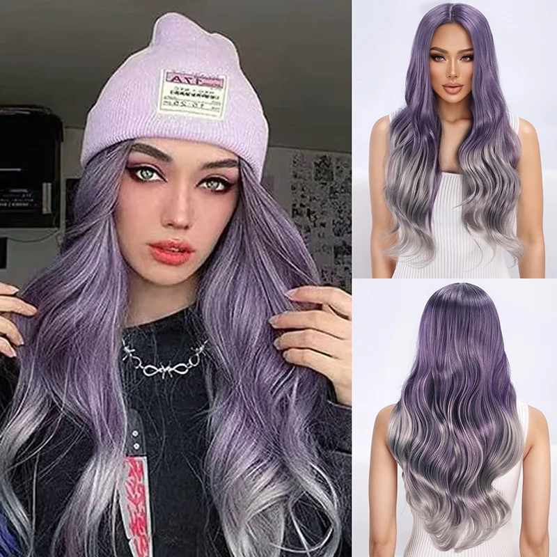 Wavy long curly for Halloween, middle-parted gradient purple women's wig, high-temperature fiber wigs
