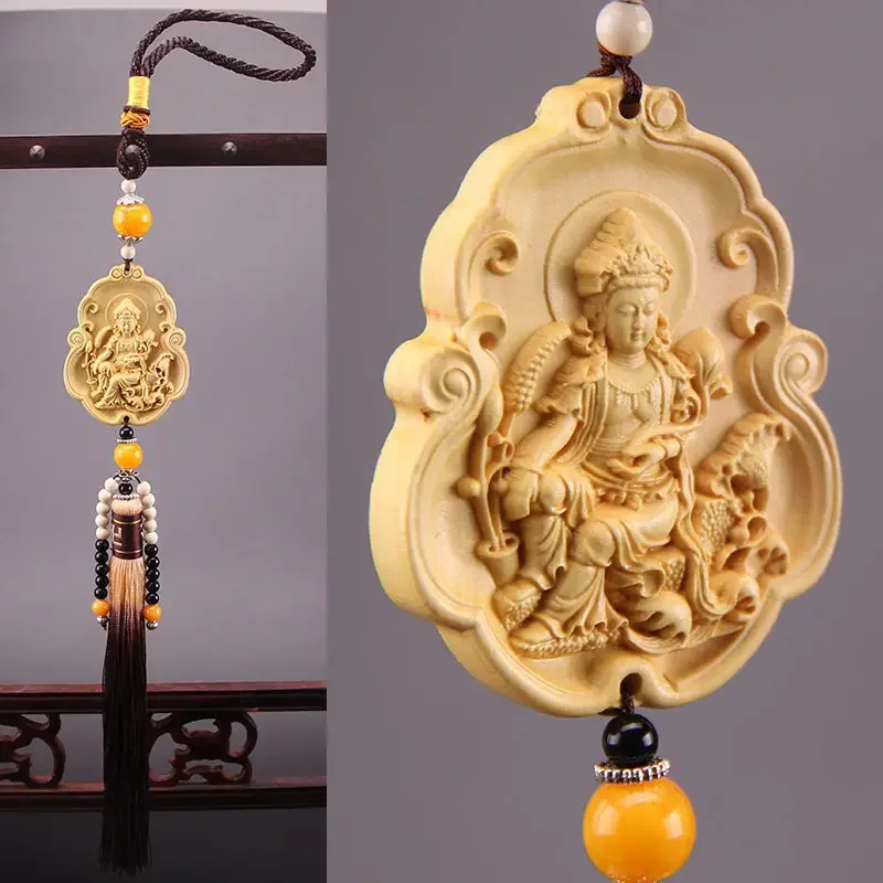 Estatuas de Buda talladas en madera, colgante para espejo retrovisor de coche, joyería Guanyin Pao Ping An Fu, bolsa escolar de alta gama, colgante para teléfono móvil