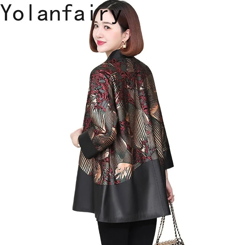 YOLANFAIRY معطف جلد الغنم الحقيقي للمرأة ربيع الخريف سترة جلدية حقيقية المرأة منتصف طول المطبوعة معاطف جديد